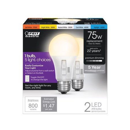 FEIT ELECTRIC A19 E26 Medium LED Light Bulb Tunable White/Color Changing 75 Watt Equivalence 2 pk OM75DM/6WYCA/2